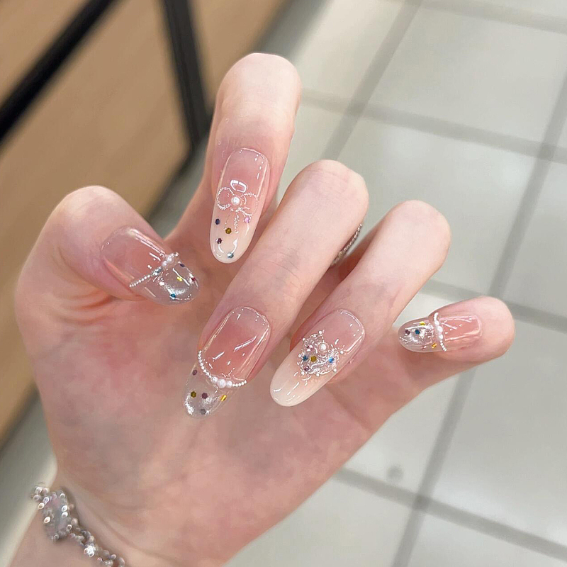 Summer Glass Bead Cat-Eye French-Style Vibe Pure Desire Blush Manicure Pure Handmade Wearable Nails Nude Pink Nails