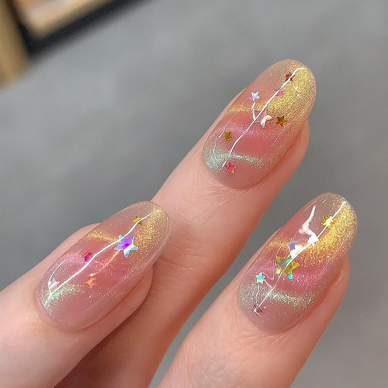 Star Track Dopamine Streamer Cat Eye Rainbow Manicure Handmade Wearable Nails Pink Gradient Star Sequins Fake Nails