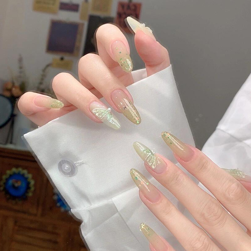 A Touch of Green and White in Summer, High-End Green Long Nails, Fine Glitter, Handmade Wearable Nails, Removable Fake Nails A Touch of Green and White in Summer, High-End Green Long Nails, Fine Glitter, Handmade Wearable Nails, Removable Fake Nails