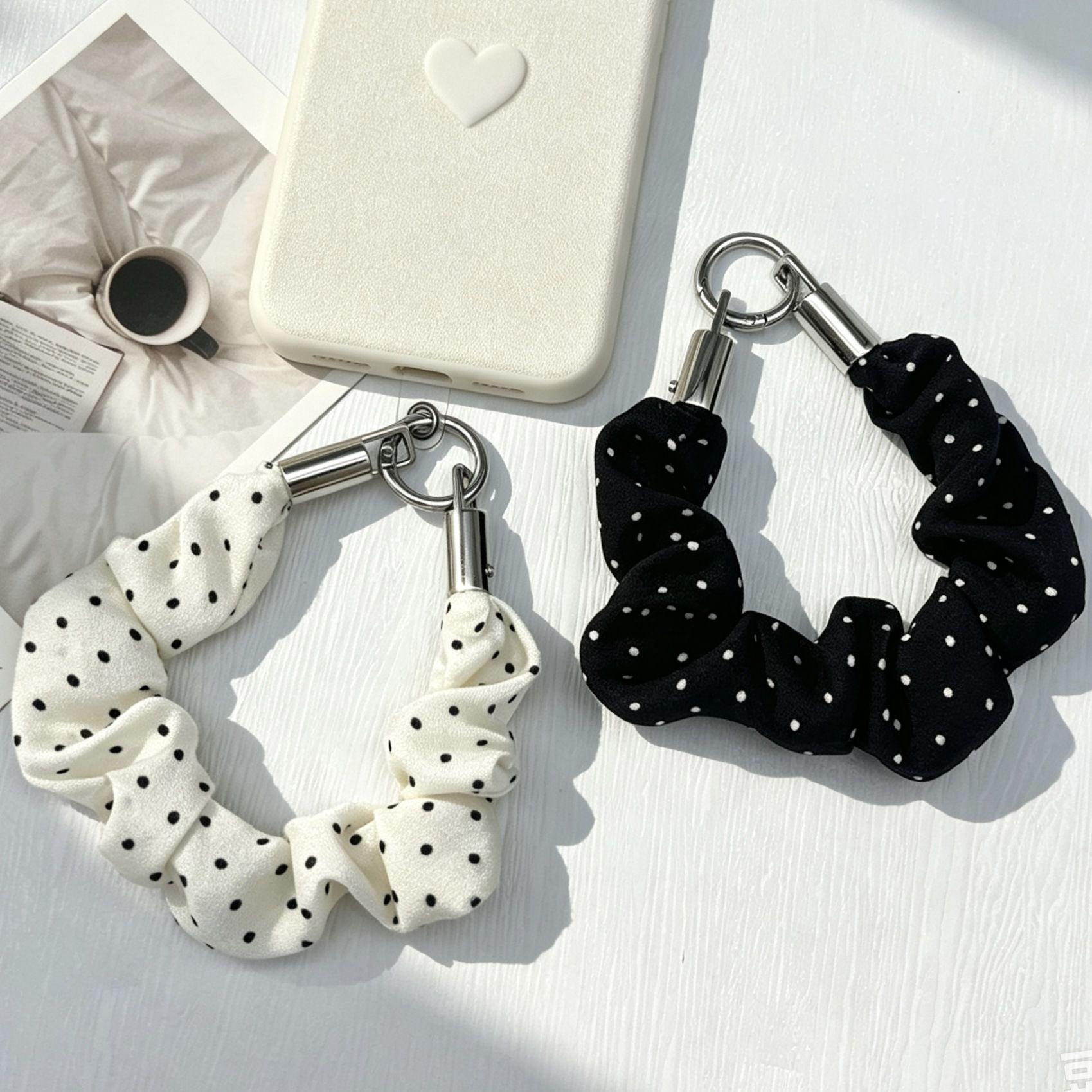 Polka Dot Series Mobile Phone Lanyard, Black and White Small Polka Dot Fabric Scrunchie Wristband, Anti-Loss Rope, Keychain