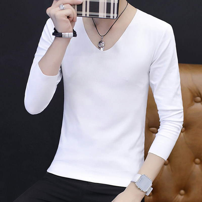 Pure cotton unscarred undershirt male long sleeve slim fit white V collar tight body heating clothes single blouse blouse full cotton autumn clothes