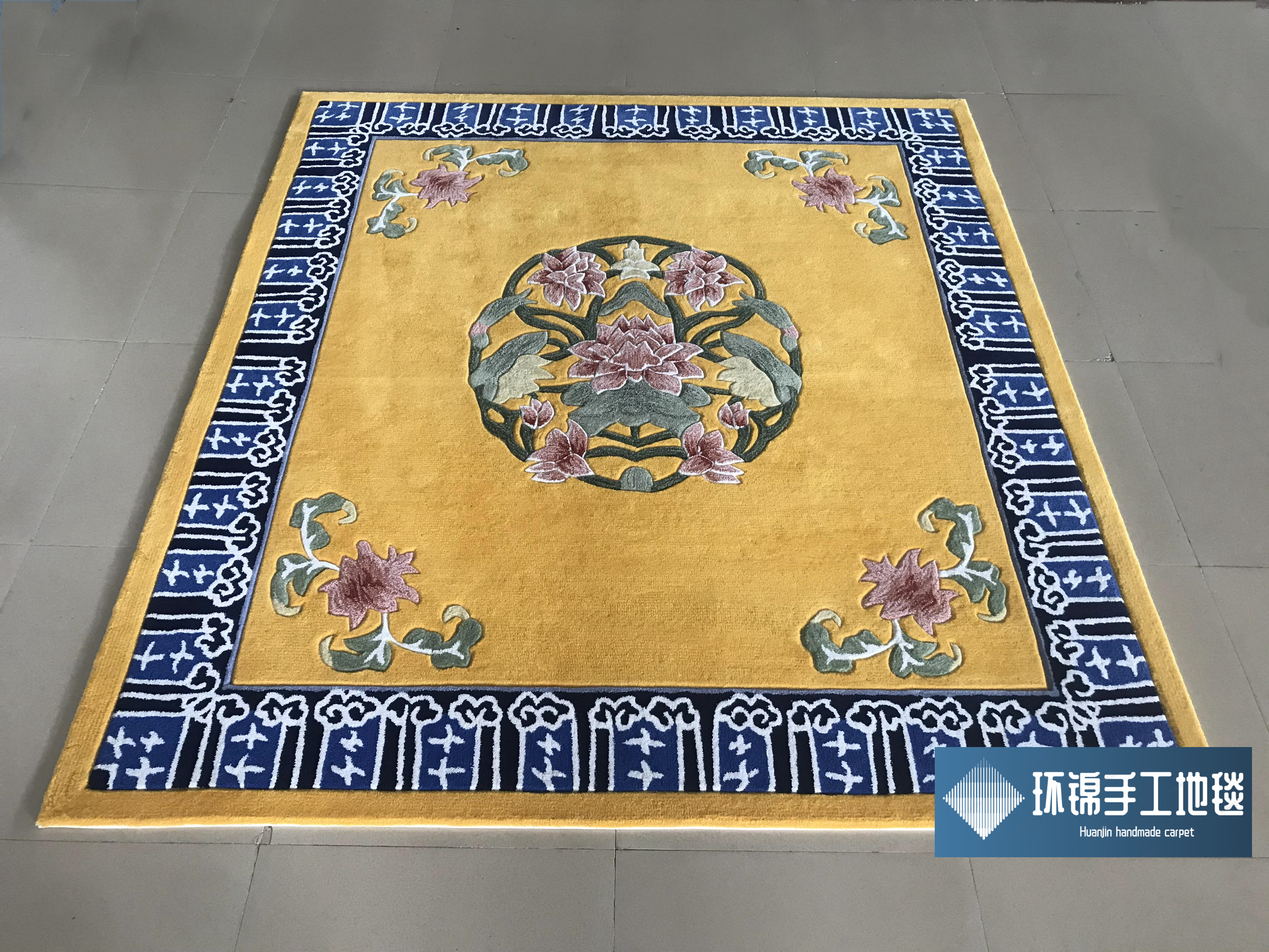 High-end imported wool New Chinese yellow flowers Living room sofa tea table Carpet temple Buddhist meditation palace-Taobao