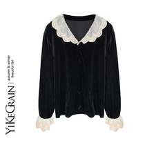 YiKeGrain STUDIO Christmas Annual ATMOSPHERE GOLD VELVET DRESS Dress Feminine winter lace with undershirt long sleeves