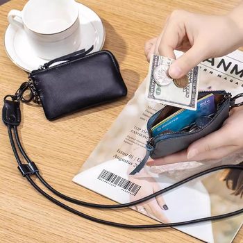 2025 genuine leather texture halter coin wallet small storage coin card bag with key ring leather mini coin wallet