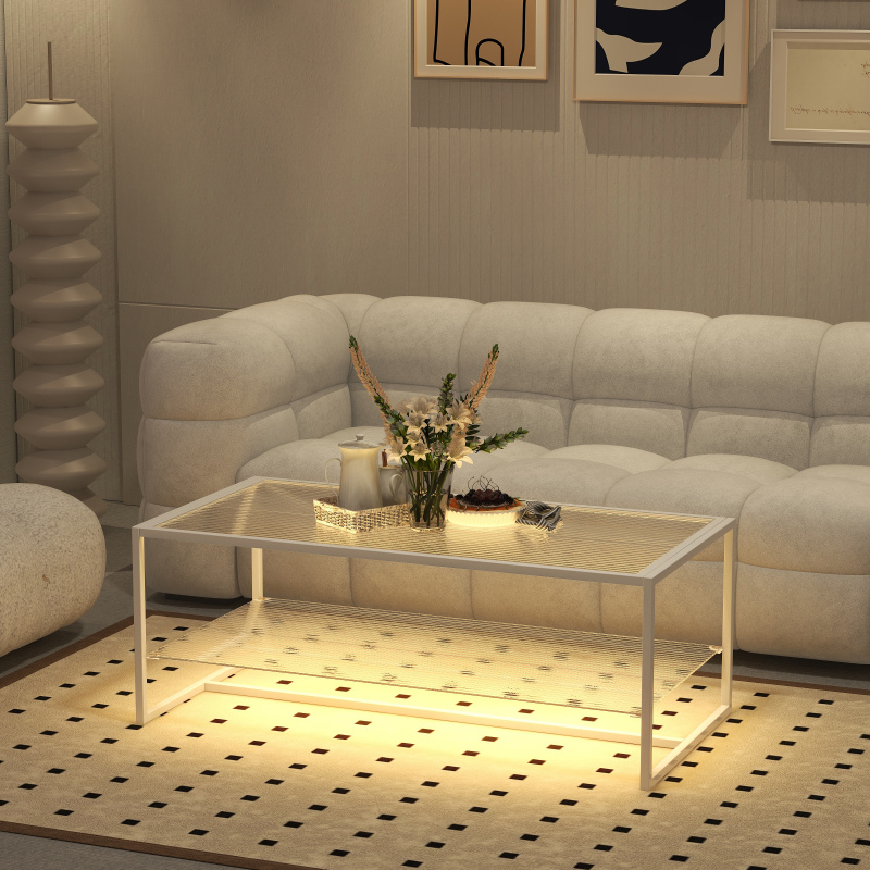 French-Style Cream-Colored Luminous Glass Square Coffee Table, Light Luxury, Modern and Simple, for Living Room, Small Apartment, with Sensor Light French-Style Cream-Colored Luminous Glass Square Coffee Table, Light Luxury, Modern and Simple, for Living Room, Small Apartment, with Sensor Light