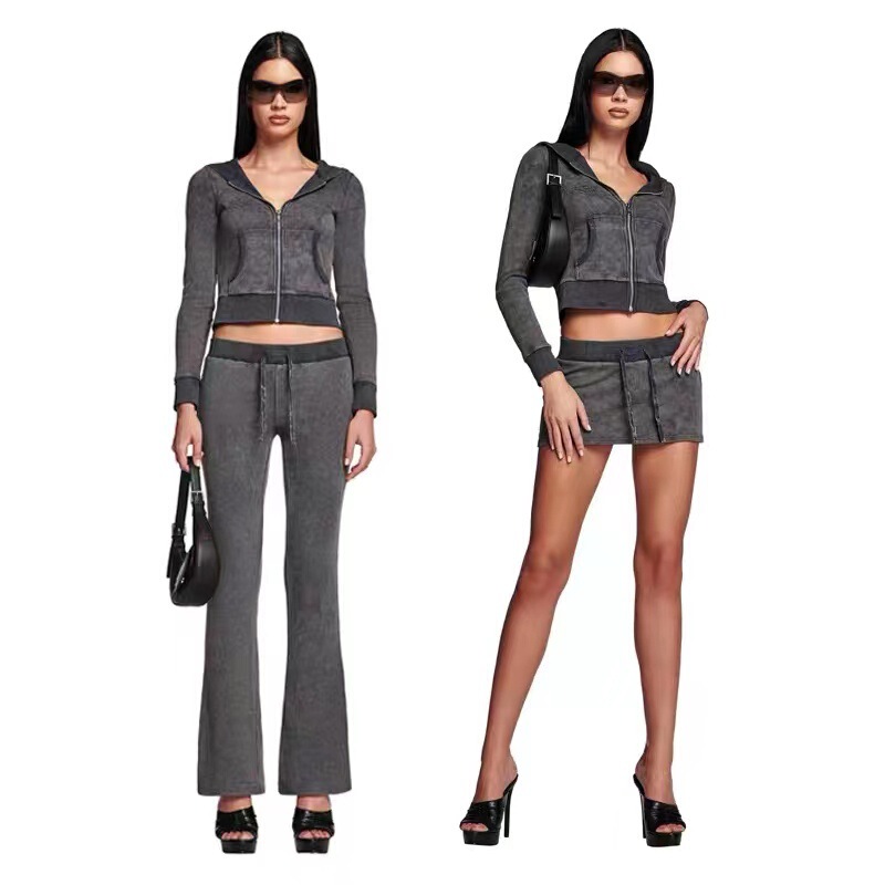 Iamgia Super Spicy Dyed Waffle Texture Zip-Up Sweatshirt Jacket Slimming Short Skirt Set Low-Waist Leggings
