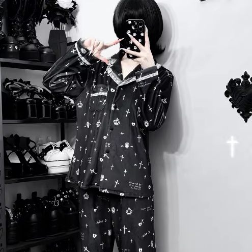 Original Fleece-Lined Cross-Pattern Double-Length Loungewear Set Island Velvet Void