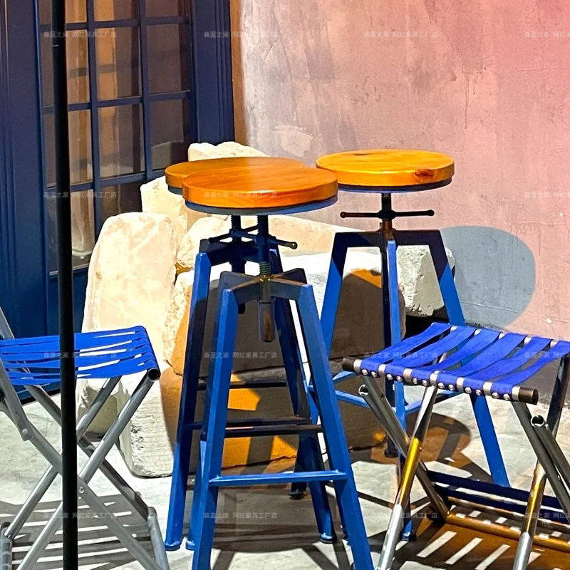 Klein blue solid wood bar chair wrought iron frame bar chair bar stool leisure bar round stool can lift chair