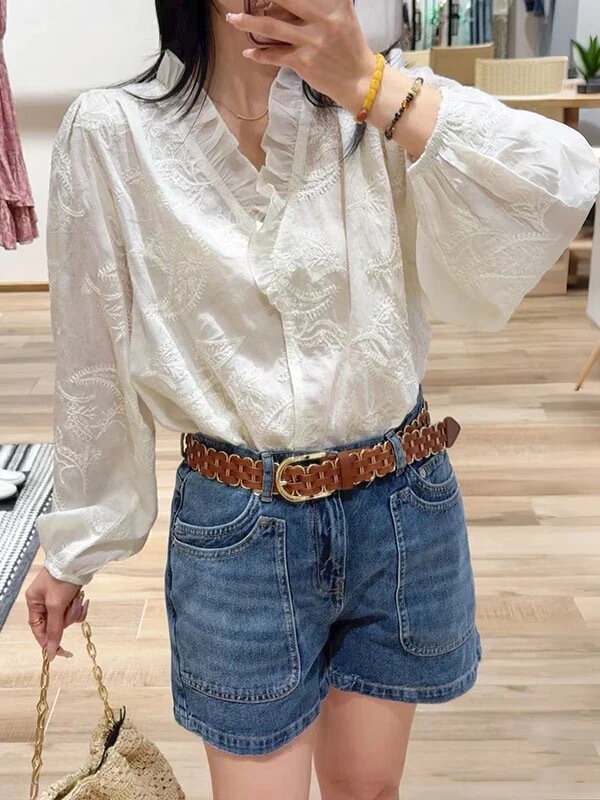 Bash2026 New Spring French Style Lazy Style Ruffled Embroidered Shirt Long-Sleeved Casual Top 1E26Pett
