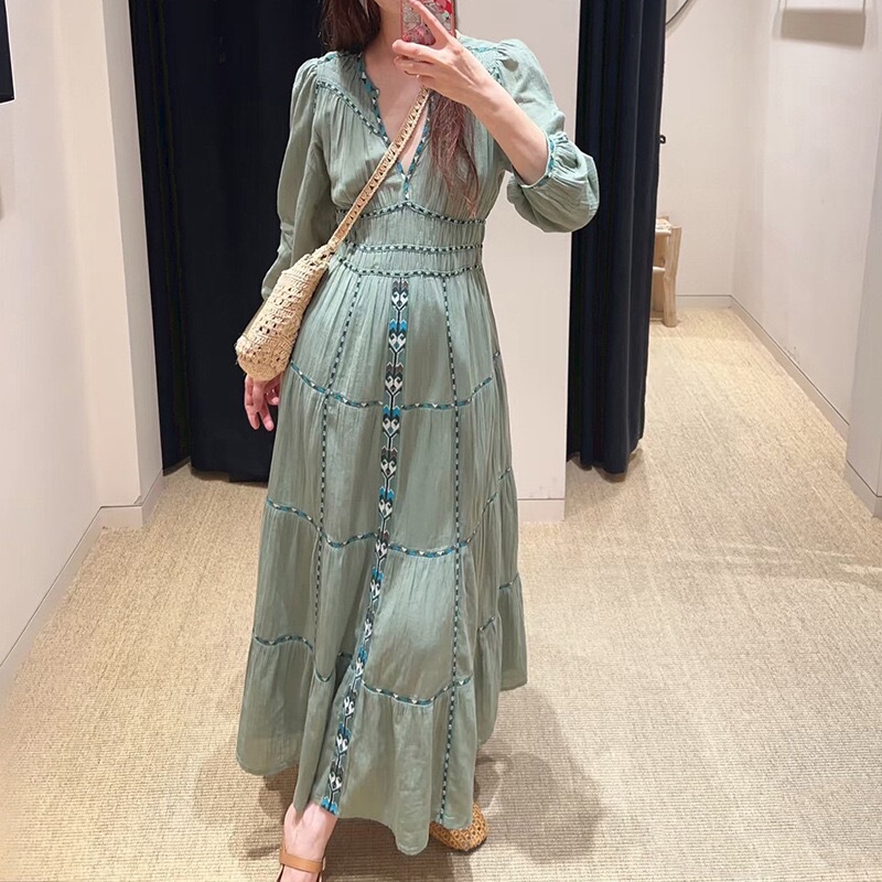 Bash French Retro Bohemian Resort Style Embroidered Striped Waist-Cinching V-Neck Cotton Long-Sleeve Dress Bash French Retro Bohemian Resort Style Embroidered Striped Waist-Cinching V-Neck Cotton Long-Sleeve Dress