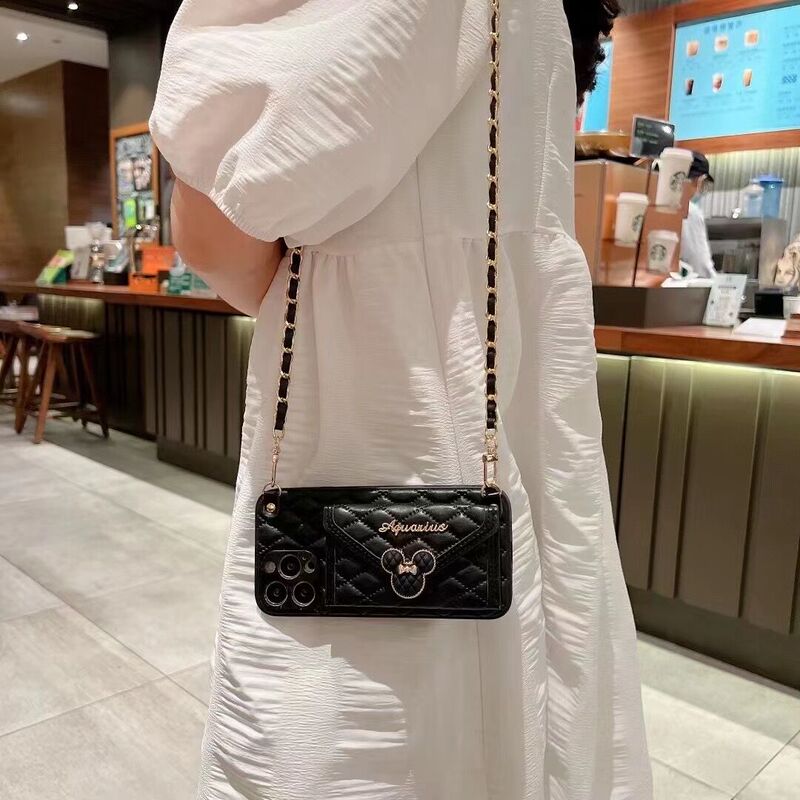 New Luxury High-End Leather-Textured iPhone 16 Phone Case Suitable for iPhone 15 Pro Max Women's Models with Crossbody Strap, 17Pro High-End Niche 13Pro Coin Purse Card Holder, 14 Lanyard Retro
