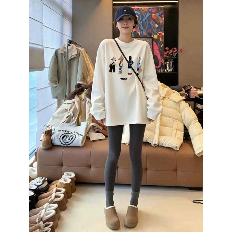 White Cartoon Print Lazy Style Long-Sleeve T-Shirt for Women, Mid-Length, Loose Fit, Versatile Round Neck Base Shirt Top for Women White Cartoon Print Lazy Style Long-Sleeve T-Shirt for Women, Mid-Length, Loose Fit, Versatile Round Neck Base Shirt Top for Women