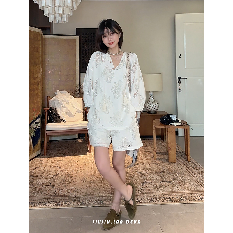 【Orange Field Stroll】 Hollow Embroidery Set Unique Heavy Craft Versatile Shirt + Shorts for Women