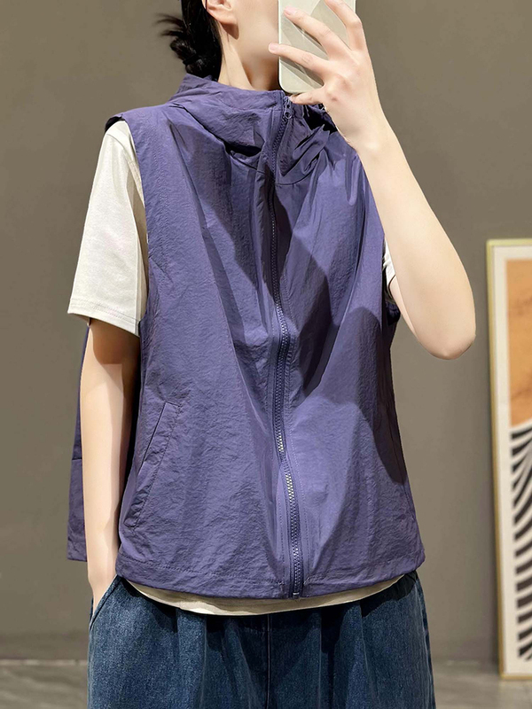 Summer Thin Hooded Zip-Up Vest for Women, Fashionable and Stylish, Sun Protection Jacket, Casual Versatile Vest, Trendy