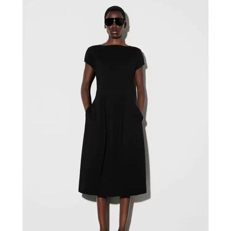 Cs Women's Clothing 2026 Spring New Standard Fit Black Knitted Mid-Length Short-Sleeve Dress 1327019001