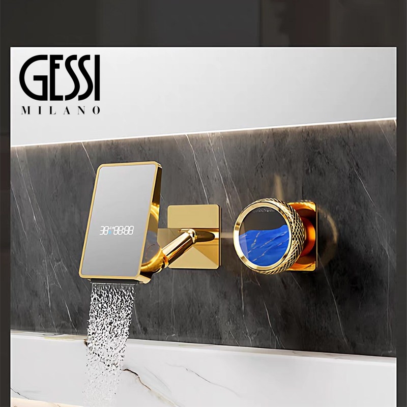 Italian Gessi Concealed Basin Faucet with Hot and Cold Water, Foldable, Digital Display, Wall-Mounted, All-Copper, Gold Faucet Italian Gessi Concealed Basin Faucet with Hot and Cold Water, Foldable, Digital Display, Wall-Mounted, All-Copper, Gold Faucet