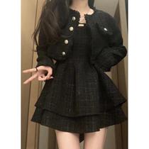 French style short tassel versatile jacket black waist suspender skirt puff skirt socialite suit