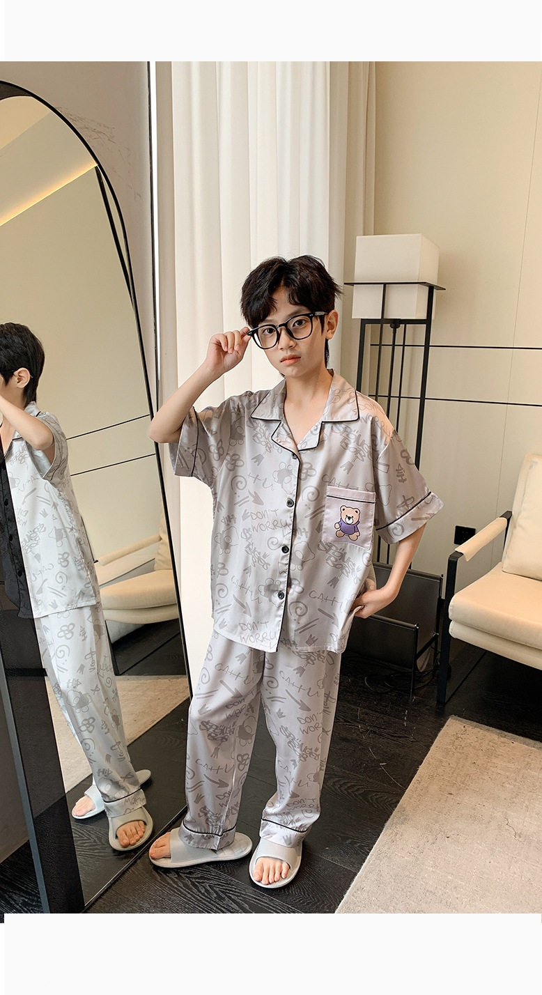 全棉纯棉冰丝睡衣男孩夏季短袖三件套中大童空调服2026新款家居服 — 22
