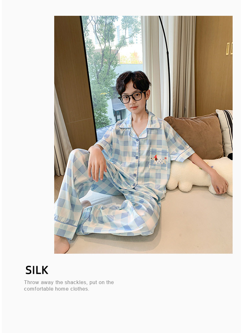全棉纯棉冰丝睡衣男孩夏季短袖三件套中大童空调服2026新款家居服 — 28