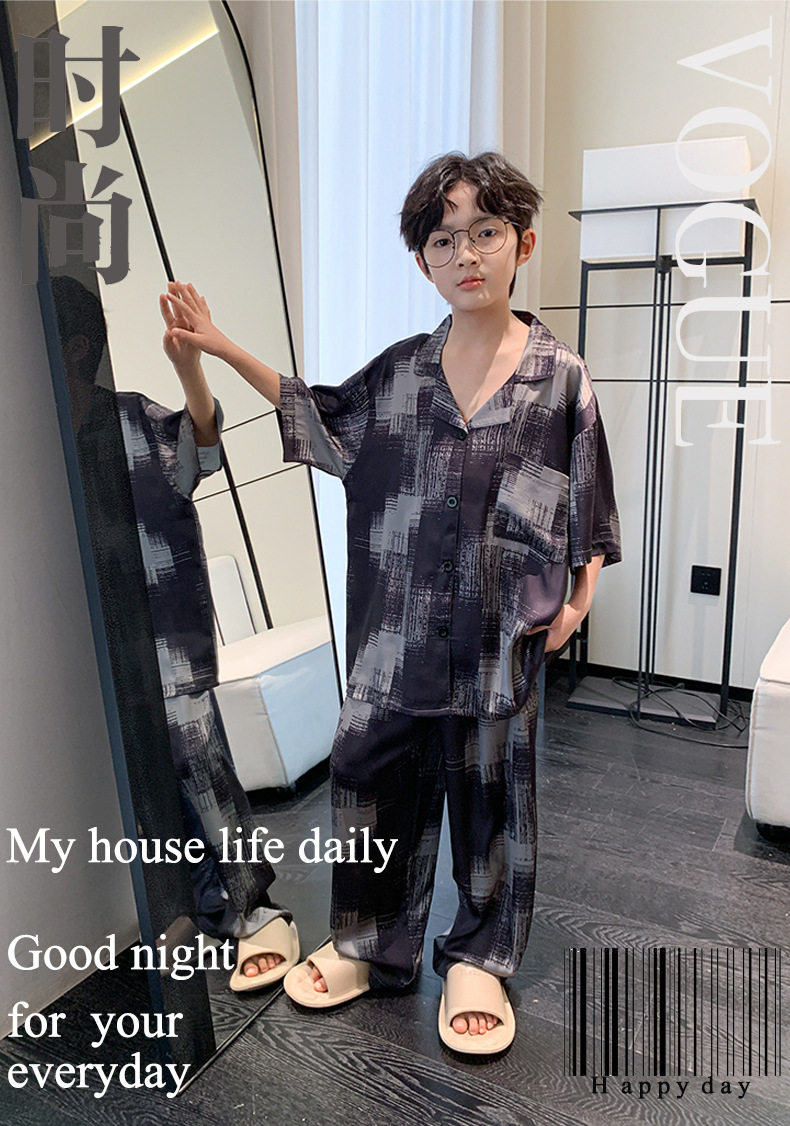 全棉纯棉冰丝睡衣男孩夏季短袖三件套中大童空调服2026新款家居服 — 33