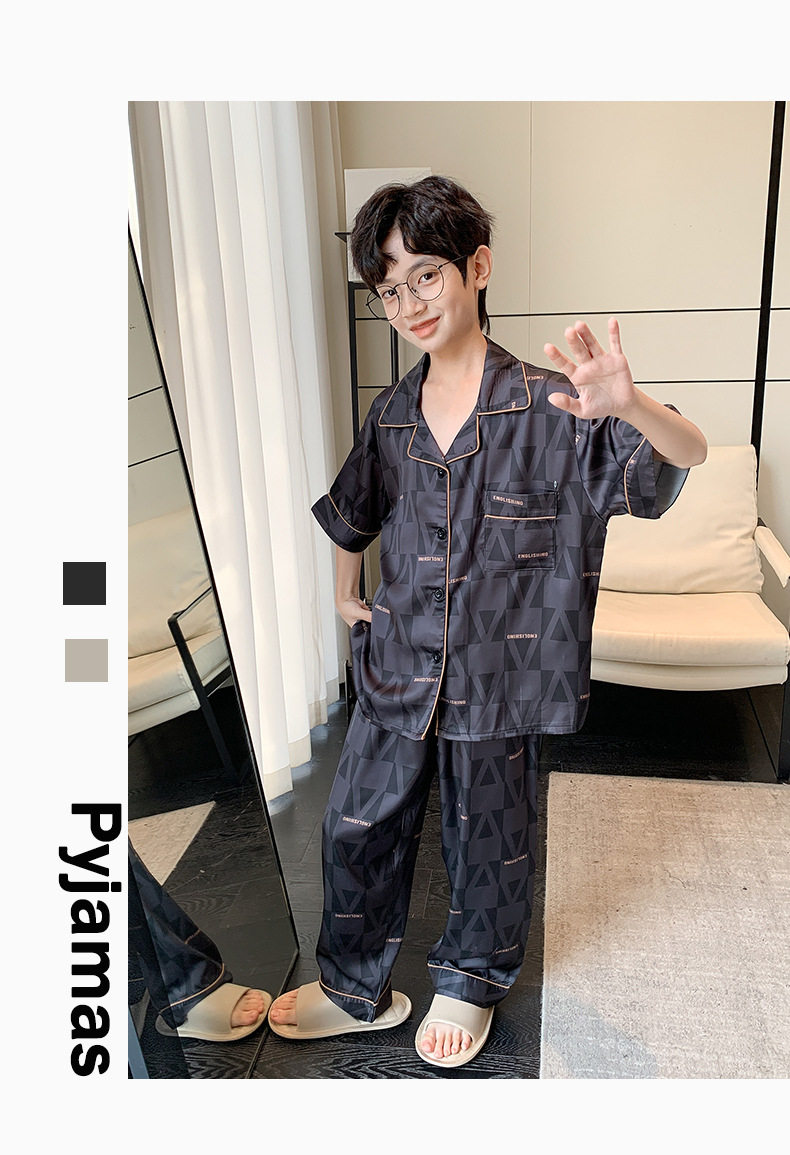 全棉纯棉冰丝睡衣男孩夏季短袖三件套中大童空调服2026新款家居服 — 14
