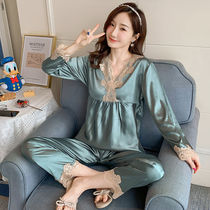 2021 new long-sleeved silk pajamas womens spring and autumn sexy womens ice silk thin section home service large size suit