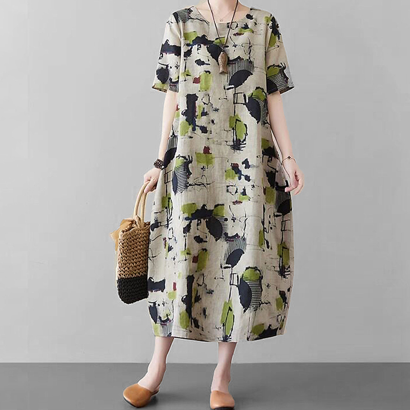 Gifishlow Hong Kong Brand 2026 Summer New Versatile Loose Printed Dress Ethnic Style Long Dress