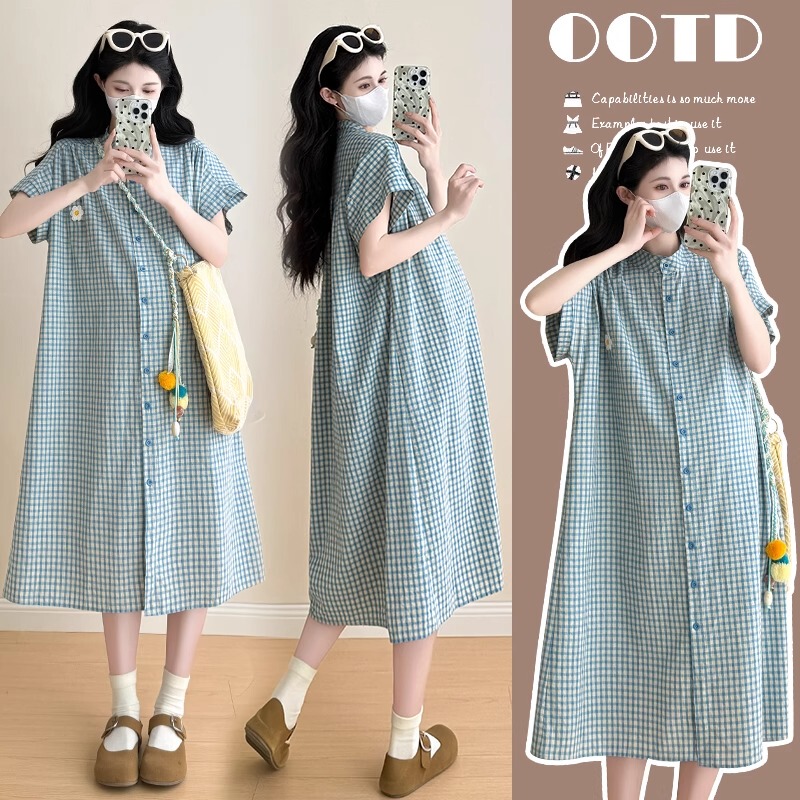 French Uamtor Maternity Dress Summer 2026 New Korean Style Loose Plaid Short-Sleeved Shirt Fashion Skirt French Uamtor Maternity Dress Summer 2026 New Korean Style Loose Plaid Short-Sleeved Shirt Fashion Skirt