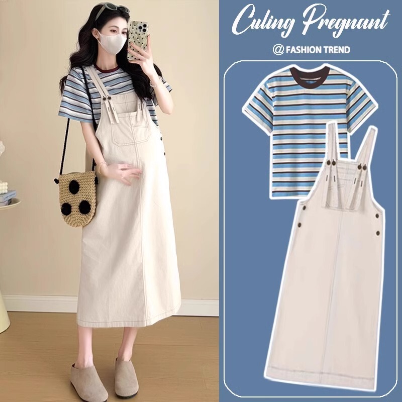 French Uamtor Maternity Suspender Dress Summer Fashion French Loose Belly-Covering Dress Two-Piece Set Maternity Dress
