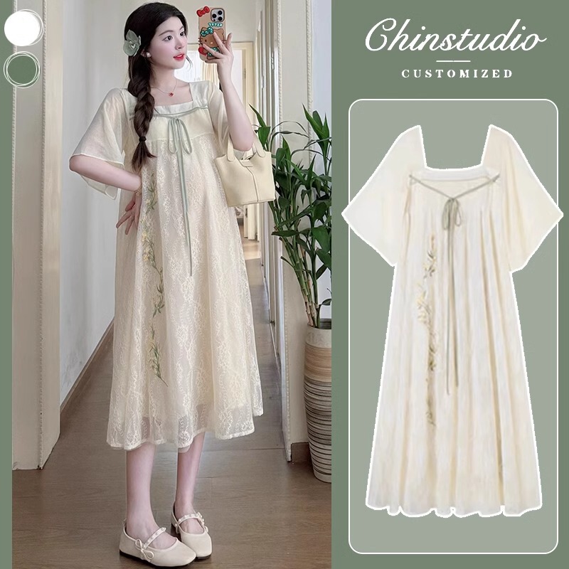 French Uamtor New Chinese-Style Maternity Wear Summer 2026 New Dress for Pregnant Mothers Plus Size Embroidered Short-Sleeved Dress