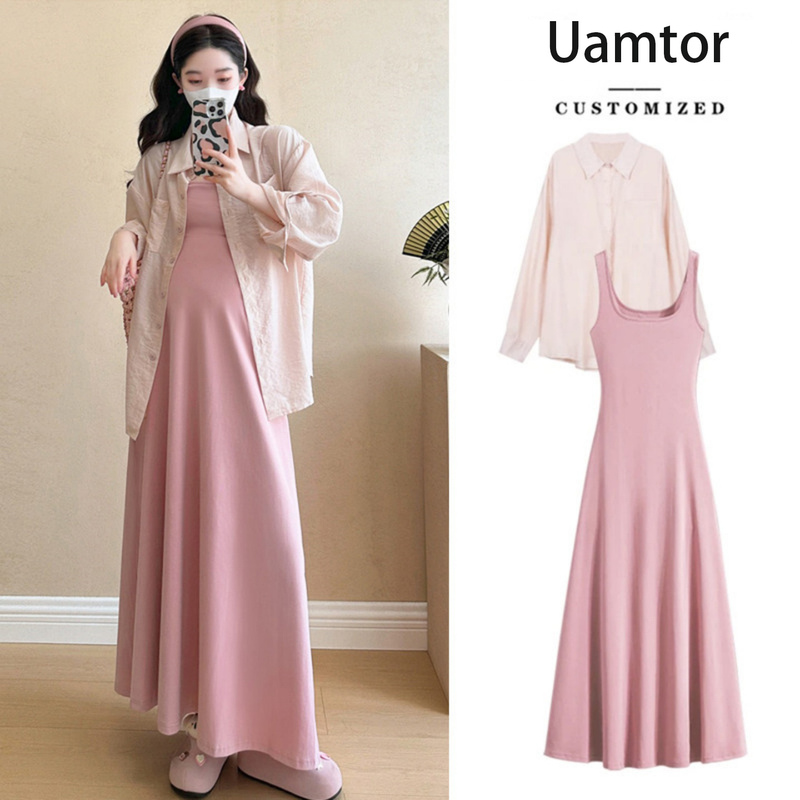 French Uamtor Maternity Dress Summer 2026 New Pink Shirt Maternity Mom High-End Outfit Two-Piece Set