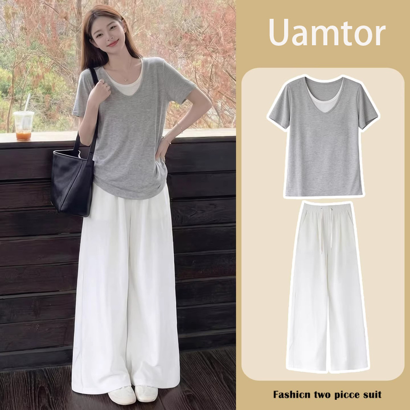 French Uamtor Maternity Set Summer Short-Sleeve Design with a Faux Two-Piece Wide-Leg Pants Outfit, Stylish and Professional Korean Style