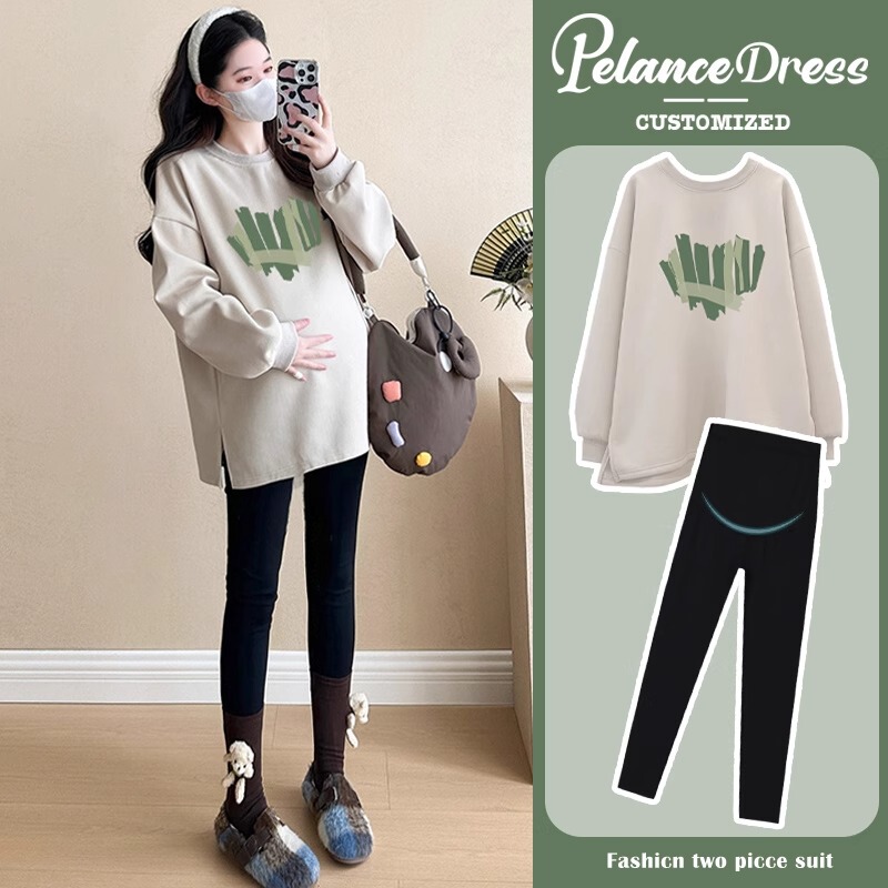French Uamtor Maternity Suit, New Spring and Autumn Style, Fashionable and Casual, Sweatshirt That Doesn'T Show Pregnancy, Outer Wear Leggings Two-Piece Set