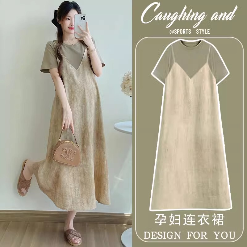 French Uamtor Maternity Dress 2026 New Summer Fake Two-Piece Loose Short-Sleeved High-End Ice Cream Style Outfit French Uamtor Maternity Dress 2026 New Summer Fake Two-Piece Loose Short-Sleeved High-End Ice Cream Style Outfit