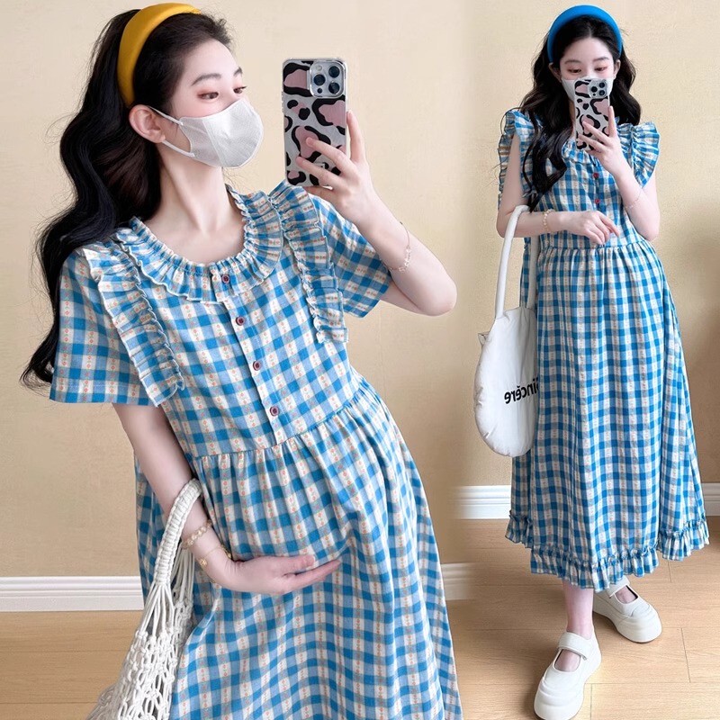 French Uamtor Maternity Summer Dress, Sweet and Fresh, Age-Reducing Mid-Length Plaid Flutter-Sleeve Dress for Pregnant Women