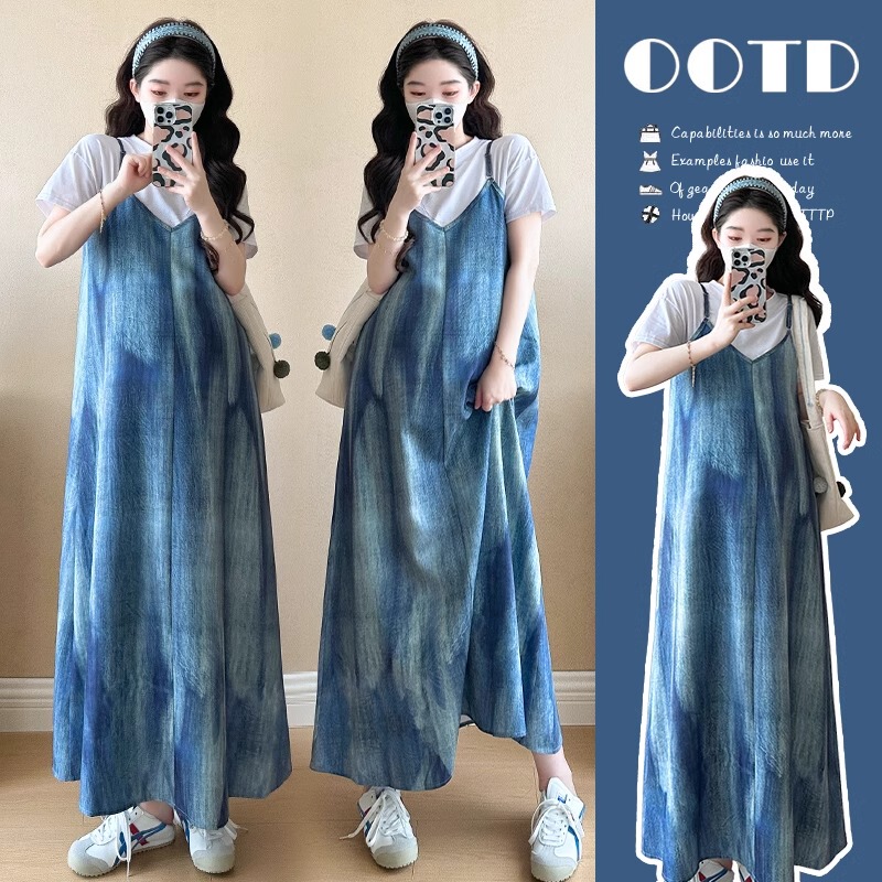 French Uamtor Maternity Suit Summer Short-Sleeved Top Tie-Dye Suspender Skirt Maternity Suit Dress Two-Piece Set