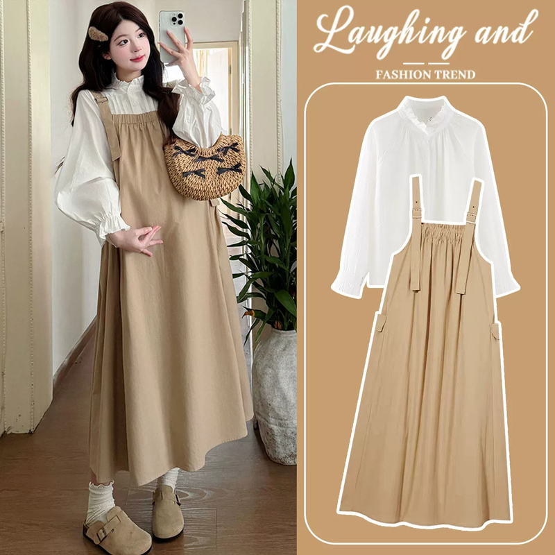 French Uamtor Maternity Dress Set Spring and Autumn 2026 New French Style Loose Belly-Covering Suspender Dress Set