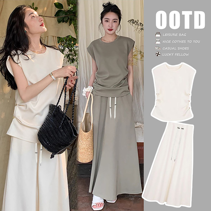 French Uamtor Maternity Summer Set 2026 New Fashion Stylish Casual Top and Skirt Korean Style Set