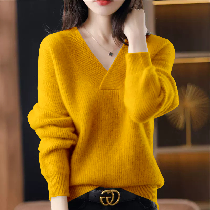 New Autumn and Winter Solid Color V-Neck Knit Sweater for Women, Loose Fit, Slimming, Thick Pullover Sweater Top for Women