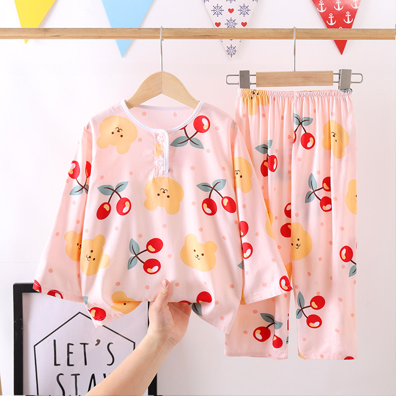 子供用コットン＆シルクパジャマ、夏物、男の子と女の子向けの長袖ラウンジウェア、夏用の薄手のコットン＆シルクセット。