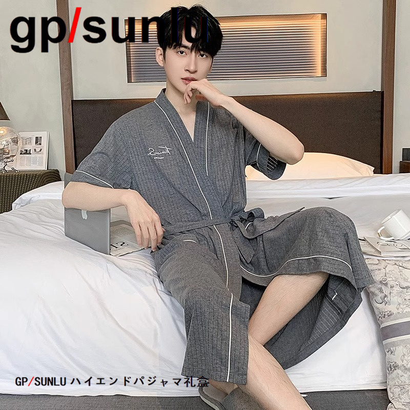 Japanese Gp Pure Cotton Men's Summer Thin Cardigan Pajamas, High-End Fashion Mid-Length Men's Loungewear