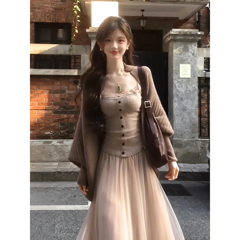 Korean Style Mature and Elegant Outfit, a Complete Set for Autumn, Gentle Knitted Cardigan, Camisole, and Mesh Long Skirt Three-Piece Set Korean Style Mature and Elegant Outfit, a Complete Set for Autumn, Gentle Knitted Cardigan, Camisole, and Mesh Long Skirt Three-Piece Set