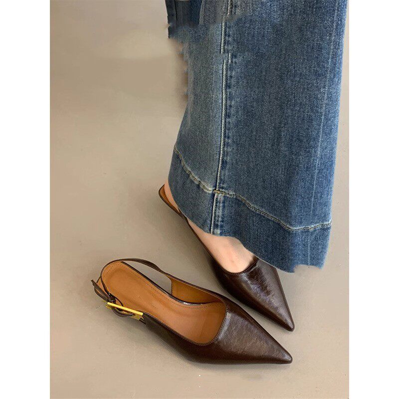 本革製フレンチレトロスタイルポインテッドトゥキトゥンヒールクローズドトゥサンダルレディースサマー新作通勤＆イブニングスタイルシングルシューズ