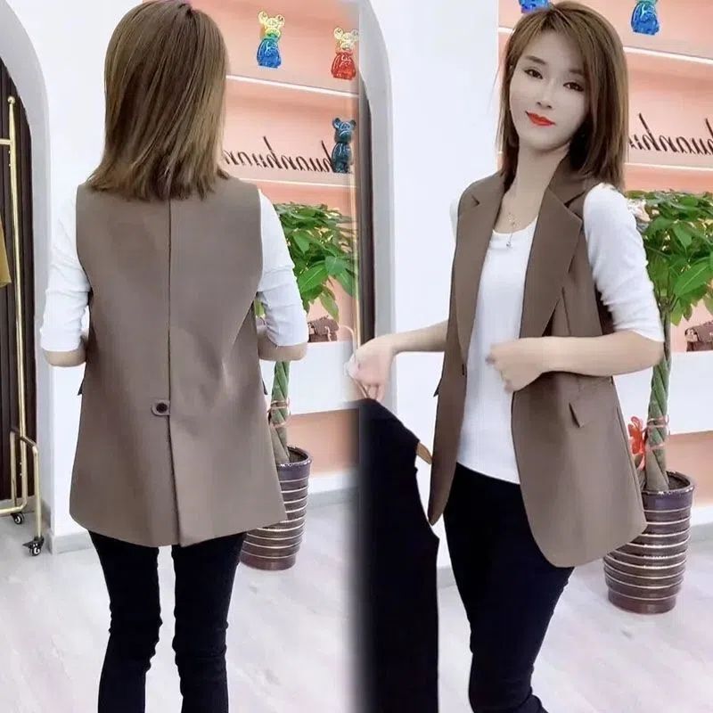 Trendy Casual Fashion Vest for Women 2026 Spring and Autumn Korean Style Versatile Blazer with Lapel Collar and Back Slit Single Button Top