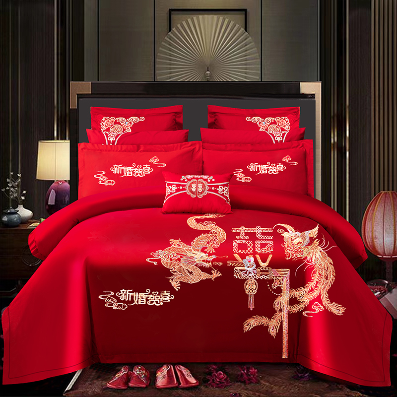 Wedding four-piece set pure cotton festive red quilt cover cotton bed sheet high-end simple embroidery wedding room bedding