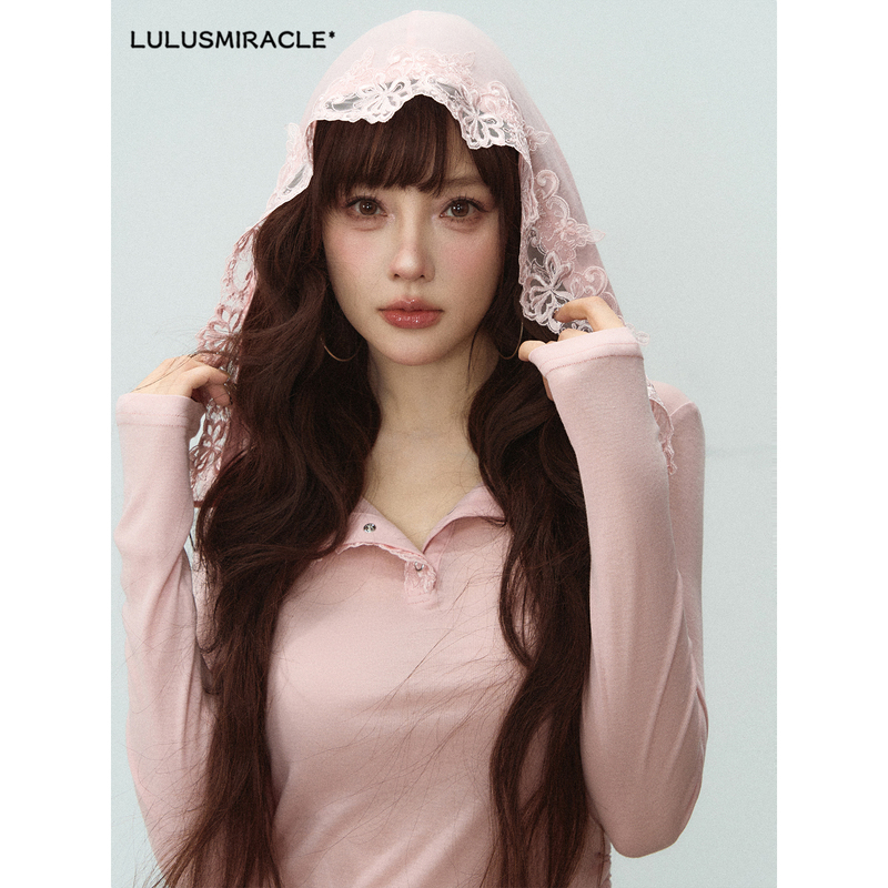 Lulusmiracle【Wind-Blown Flower Shadow】Lyocell Lace Hoodie Top Women's Pink Long-Sleeve T-Shirt Spring Lulusmiracle【Wind-Blown Flower Shadow】Lyocell Lace Hoodie Top Women's Pink Long-Sleeve T-Shirt Spring
