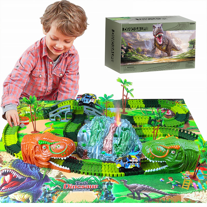 Children's Spray Volcano Dinosaur Track Car Educational Assembly Toy Train Electric Racing Toy Set