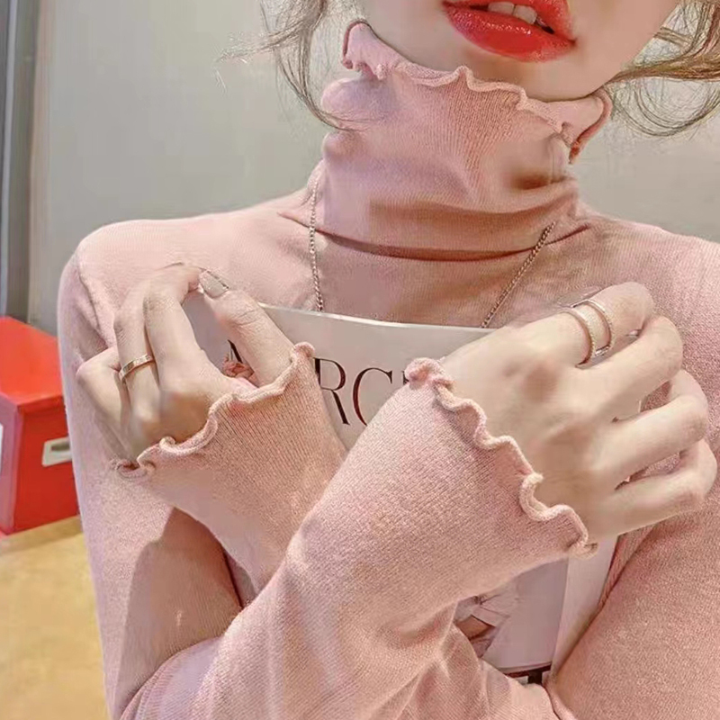 New High-Neck Ruffled Base Shirt for Women, Autumn and Winter Inner Wear, Pink Sweater, Knitted Top, Stylish and Versatile New High-Neck Ruffled Base Shirt for Women, Autumn and Winter Inner Wear, Pink Sweater, Knitted Top, Stylish and Versatile