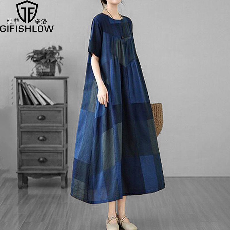 Gifishlow Hong Kong International Light Luxury Retro Cotton and Linen Printed Round Neck Short Sleeve Dress for Women Summer Loose Fit