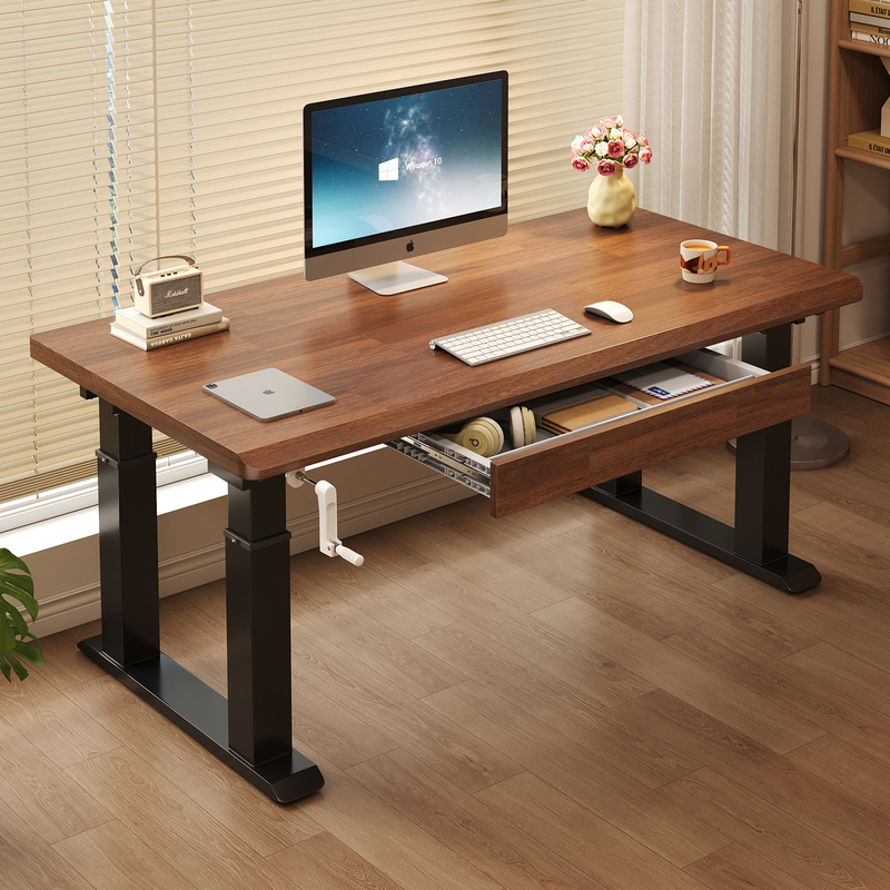 Adjustable Height Desk with Manual Crank, Home Computer Desk with Drawer, Study Desk with Four Legs, Solid Rubber Wood Office Desk Adjustable Height Desk with Manual Crank, Home Computer Desk with Drawer, Study Desk with Four Legs, Solid Rubber Wood Office Desk